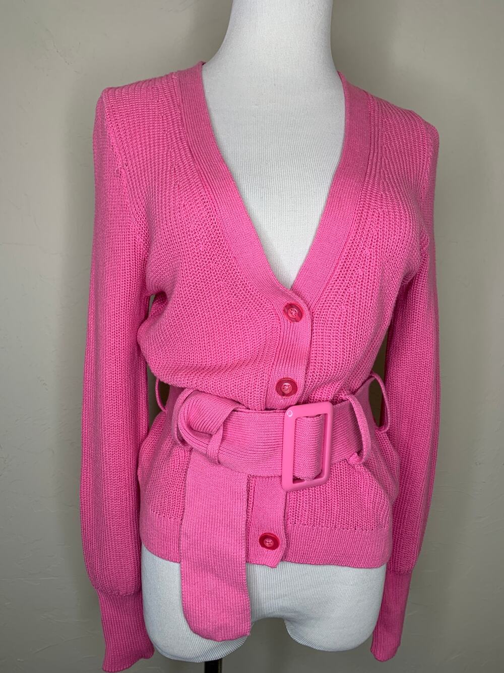 Pink Fitted Cardigan Sweater Belted Sz XS Boho Preppy Office Siren